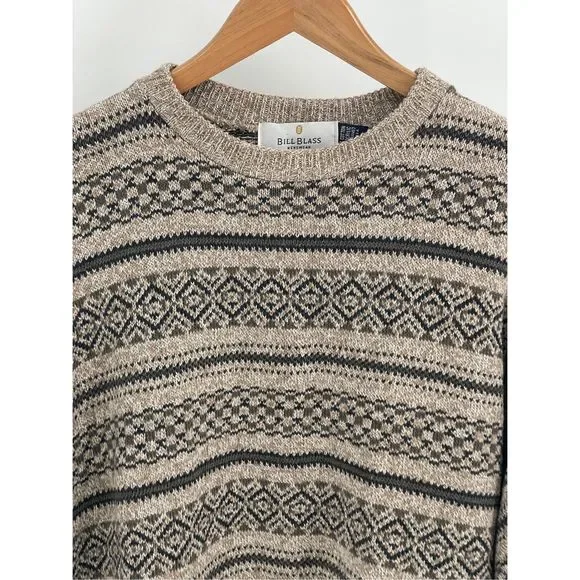 Bill Blass Sweater Men Large Beige Tan Fair Isle Pullover Crewneck Cotton Blend - Picture 2 of 13